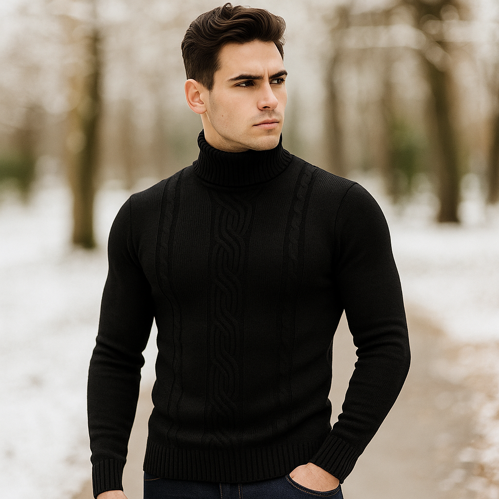 Pull à col roulé pour homme - Tricot en câble chaud - Manches et bord côtelés
