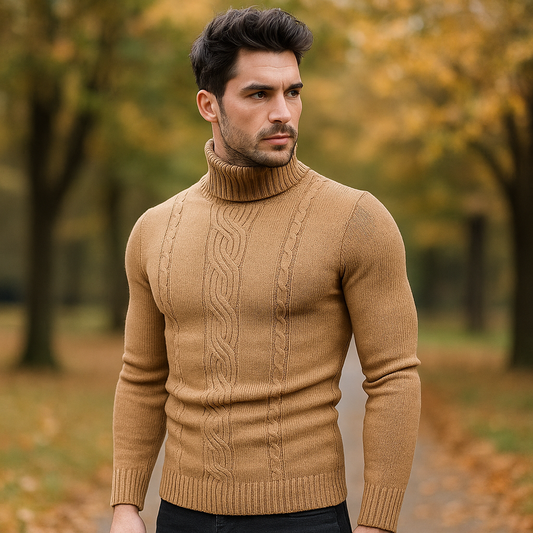 Pull à col roulé pour homme - Tricot en câble chaud - Manches et bord côtelés