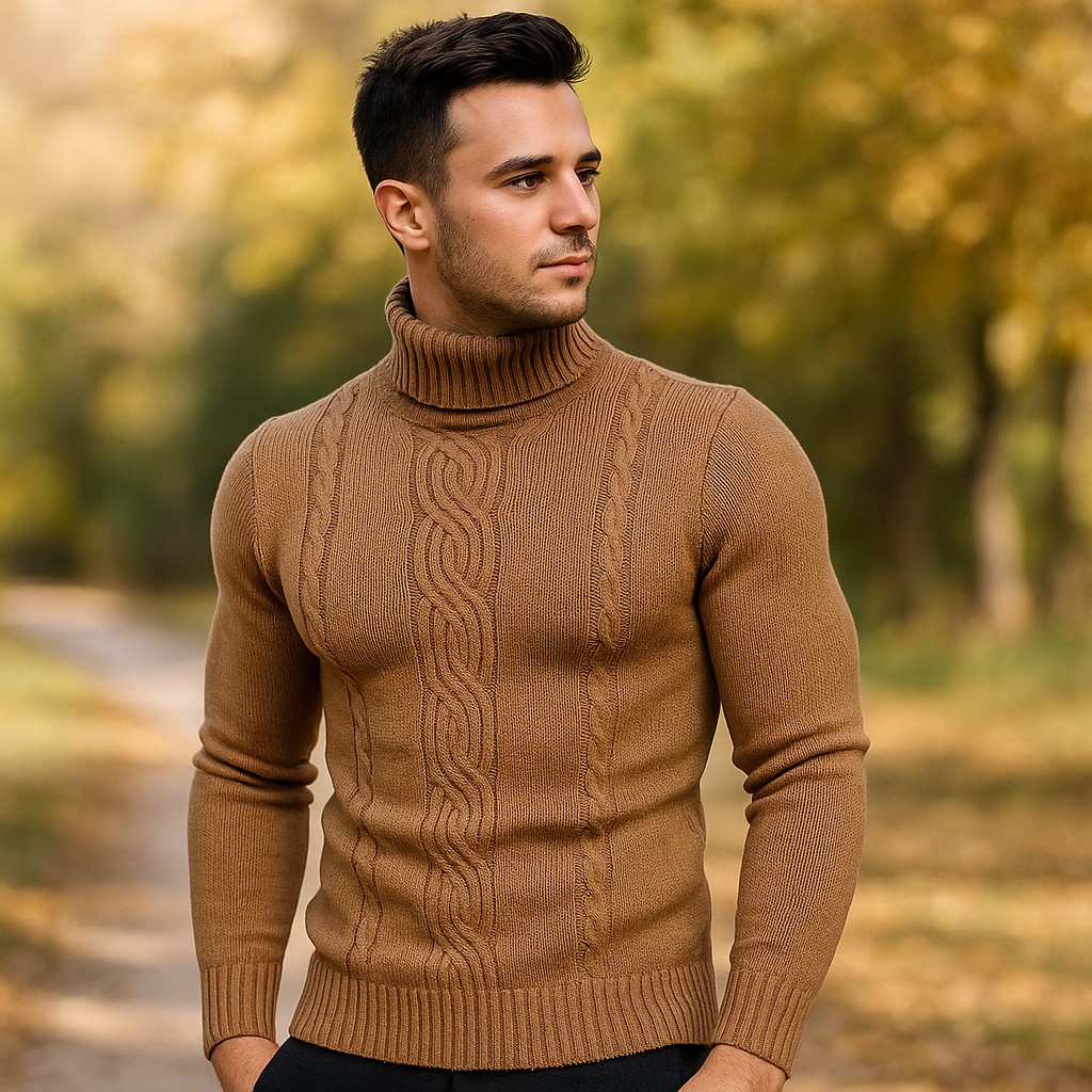 Pull à col roulé pour homme - Tricot en câble chaud - Manches et bord côtelés