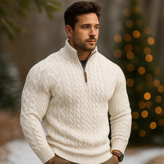 Pull Homme à Maille Câbles Demi-Zip Col Montant