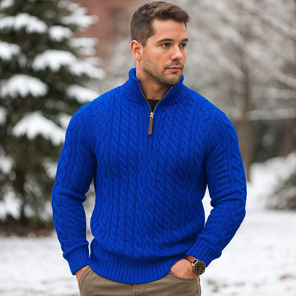 Pull Homme à Maille Câbles Demi-Zip Col Montant