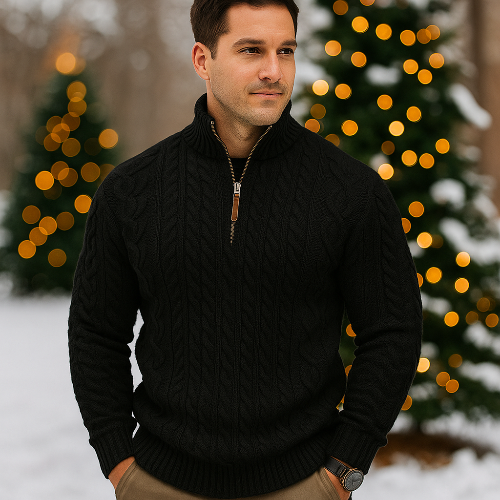 Pull Homme à Maille Câbles Demi-Zip Col Montant