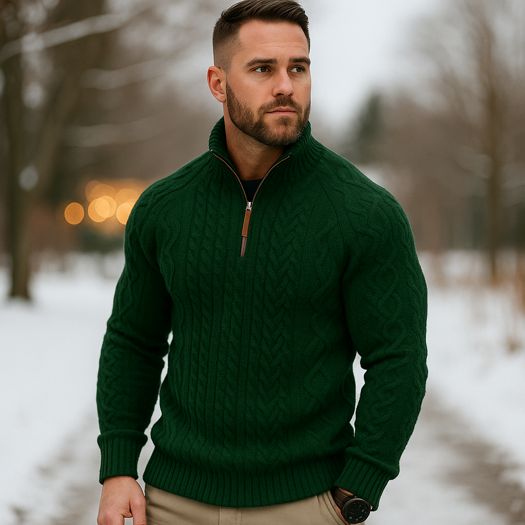 Pull Homme à Maille Câbles Demi-Zip Col Montant