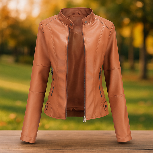Veste en Cuir Femme Stilla - Design Élégant - Col Mao - Confort