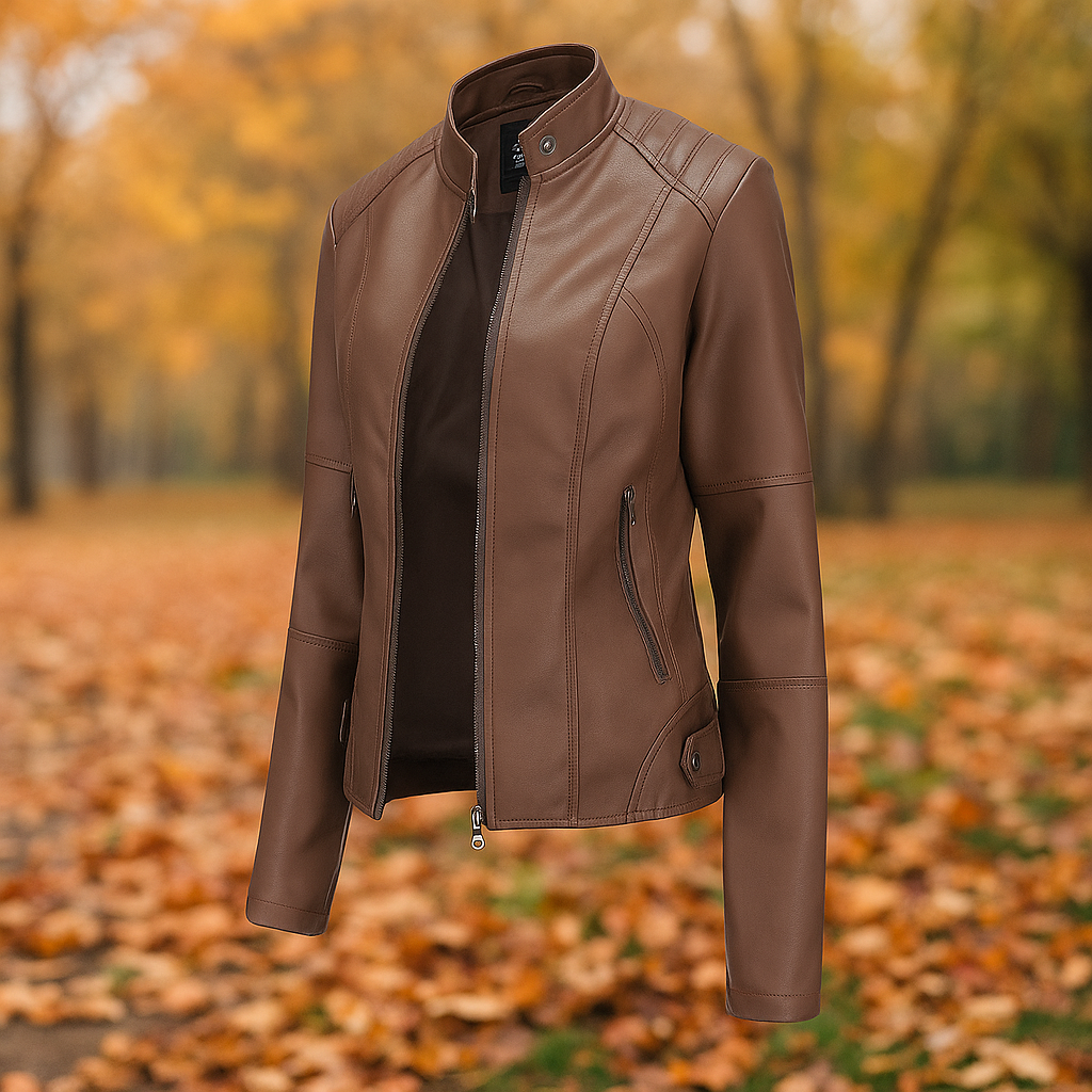 Veste en Cuir Femme Stilla - Design Élégant - Col Mao - Confort