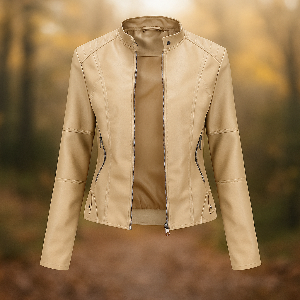 Veste en Cuir Femme Stilla - Design Élégant - Col Mao - Confort