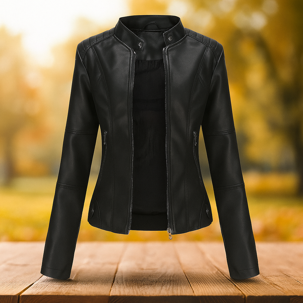 Veste en Cuir Femme Stilla - Design Élégant - Col Mao - Confort