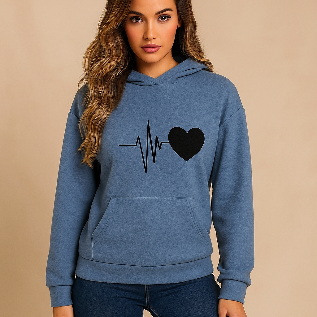 Sweat à Capuche Femme - Imprimé Cœur - Manches Longues - Décontracté