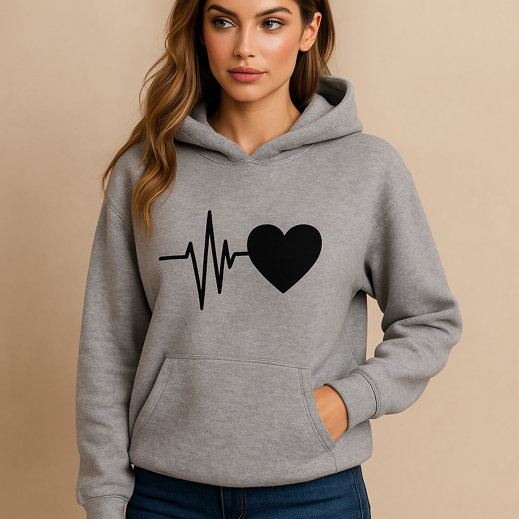 Sweat à Capuche Femme - Imprimé Cœur - Manches Longues - Décontracté