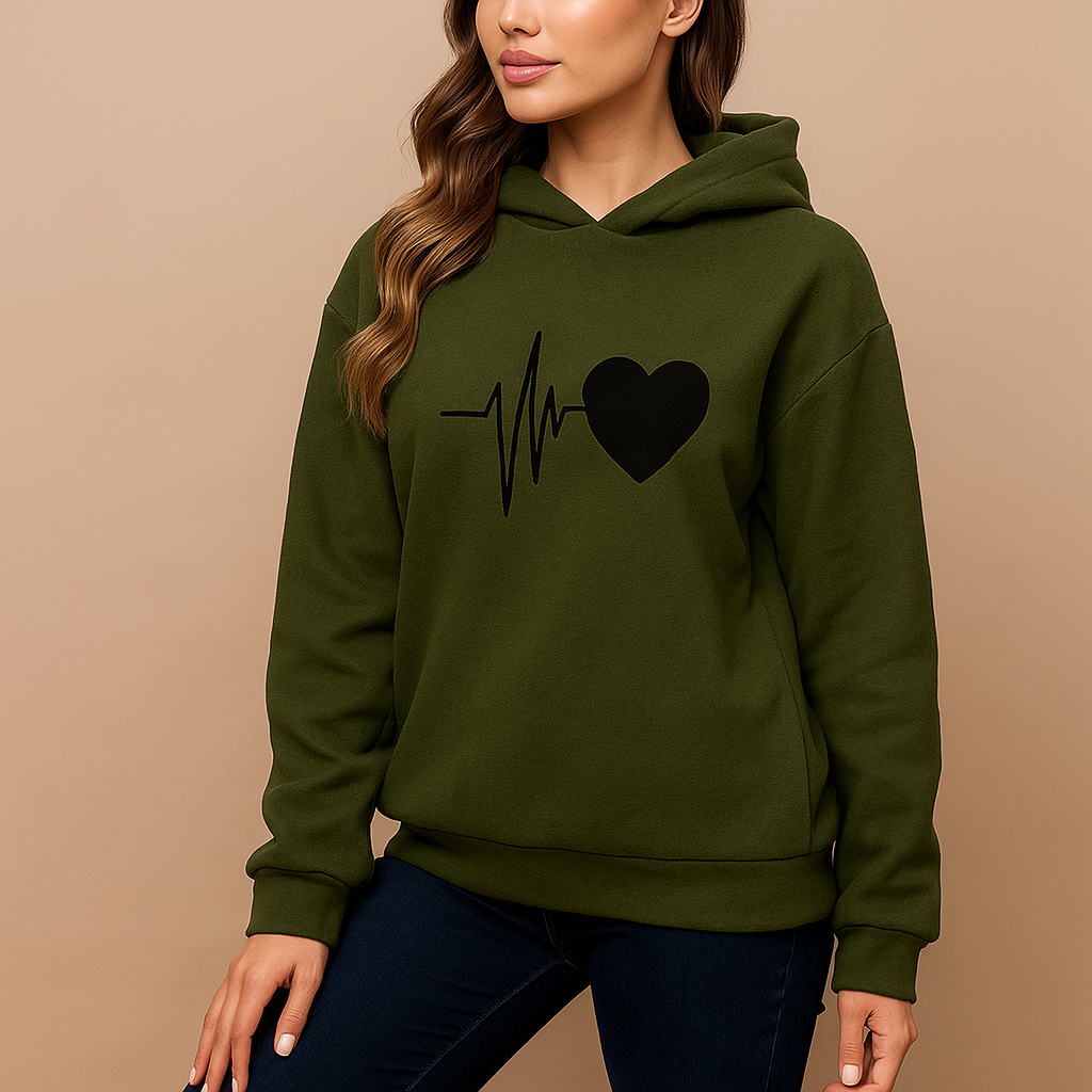 Sweat à Capuche Femme - Imprimé Cœur - Manches Longues - Décontracté