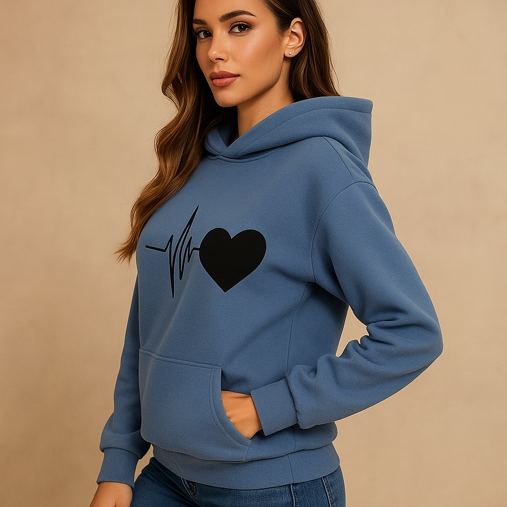 Sweat à Capuche Femme - Imprimé Cœur - Manches Longues - Décontracté