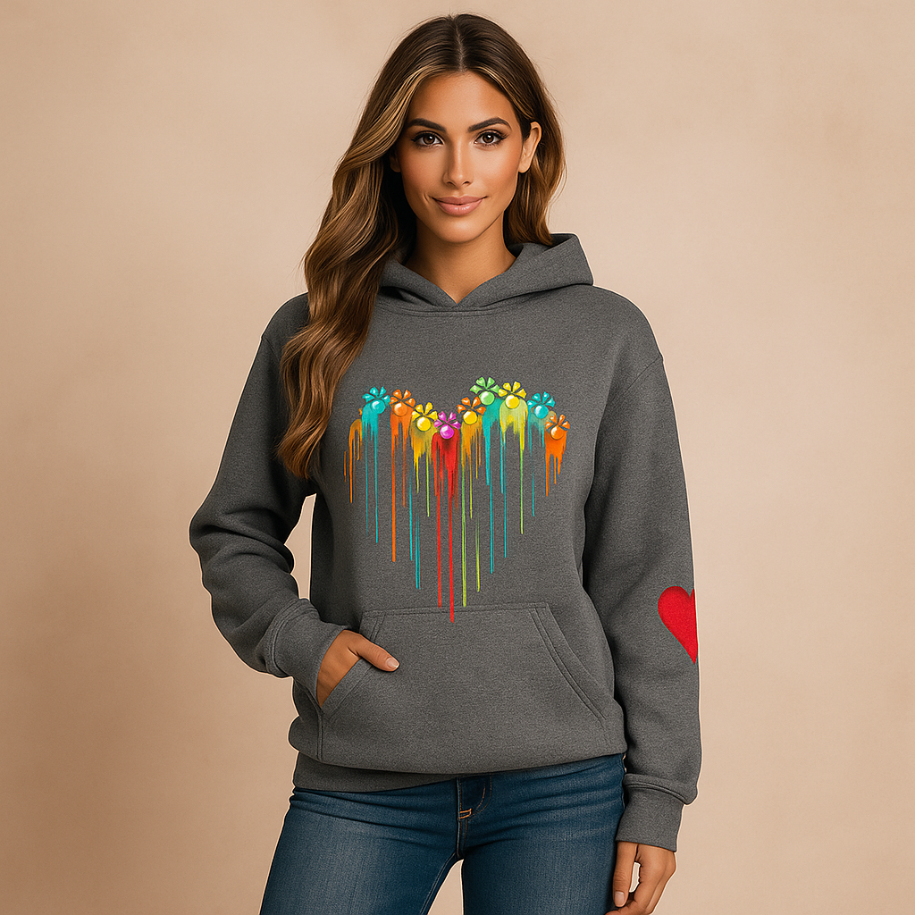 Sweat à Capuche Femme - Coupe Décontractée - Imprimé Cœur - Manches Longues
