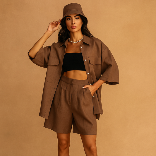 Ensemble Haut et Shorts Femme - Coupe Décontractée - Poches Pratiques