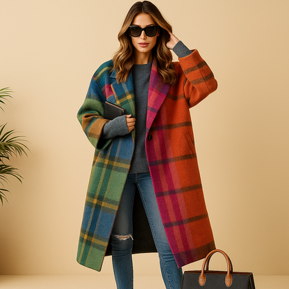 Manteau long à carreaux femme tissu premium – Milla