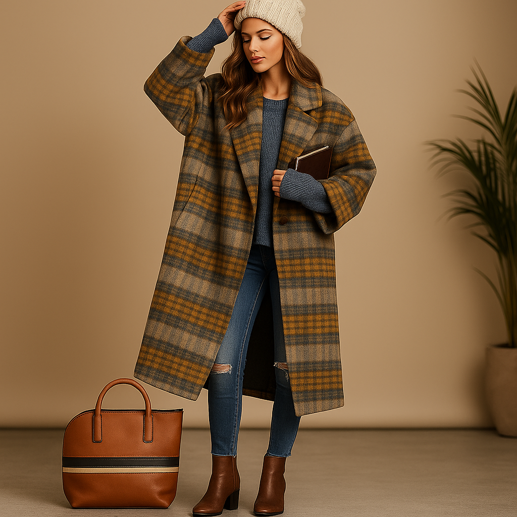 Milla – Manteau long en laine à carreaux chic