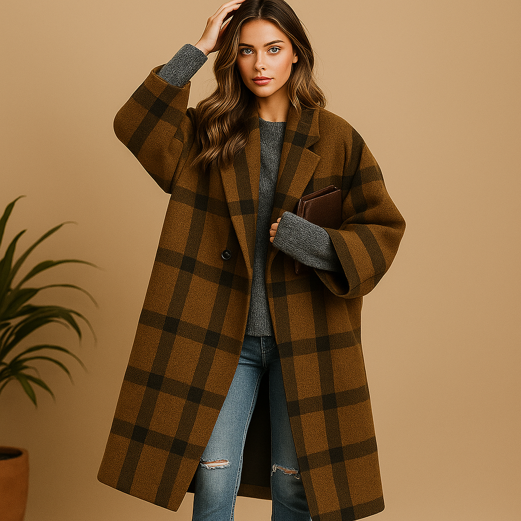 Manteau long à carreaux femme tissu premium – Milla