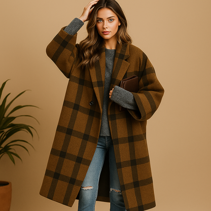 Manteau long à carreaux femme tissu premium – Milla