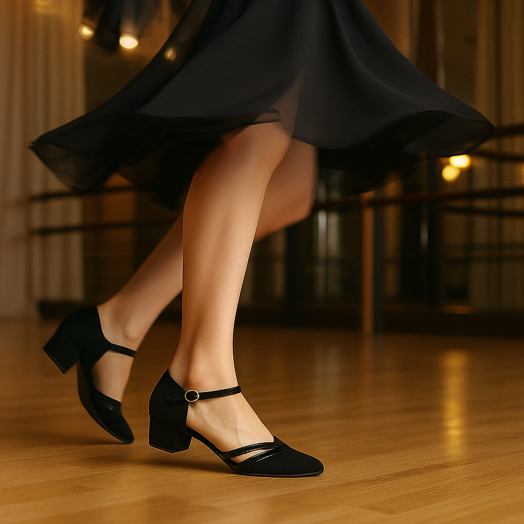 Amelie - Chaussures de Danse Noires Élégantes à Talon Bas