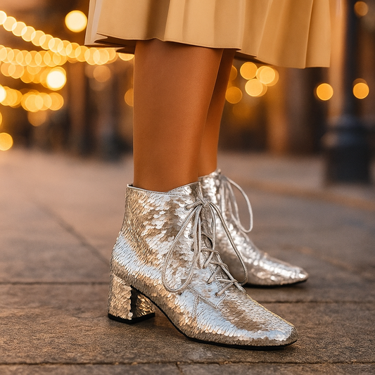 Bottines à Paillettes avec Lacets et Talon Bloc