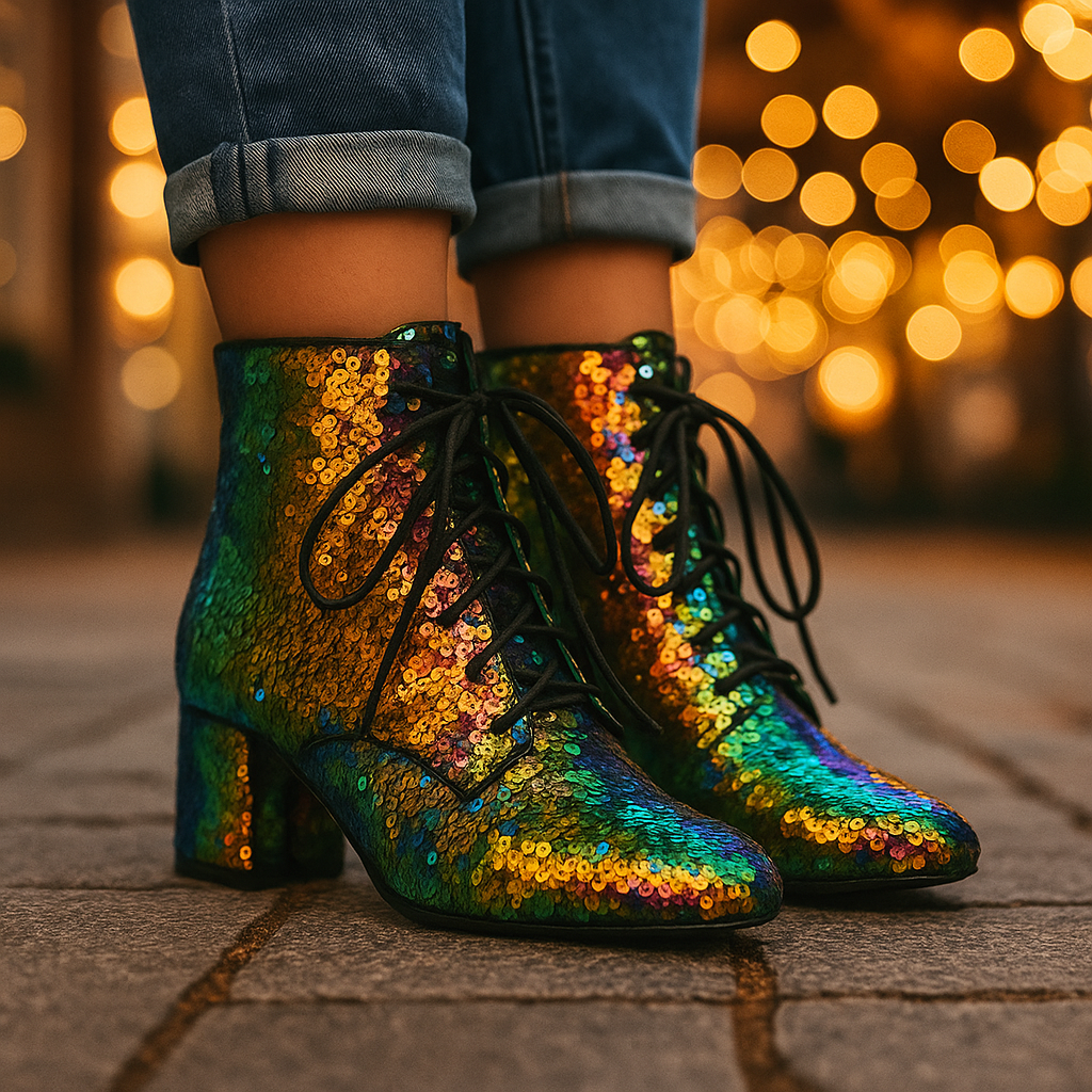 Bottines à Paillettes avec Lacets et Talon Bloc