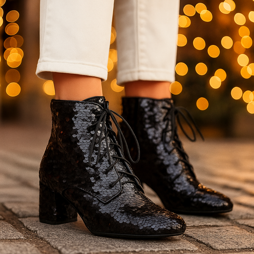 Bottines à Paillettes avec Lacets et Talon Bloc