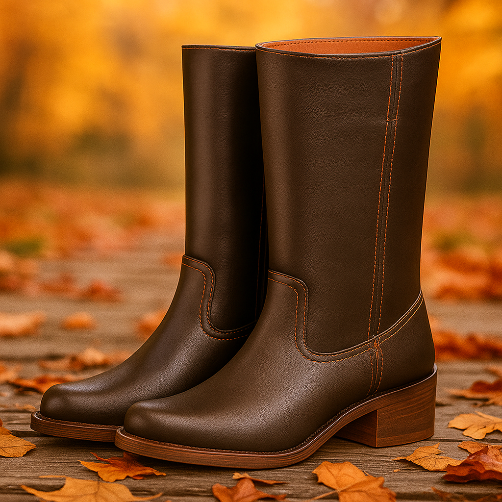 Bottes en Cuir Montantes à Talon Bloc