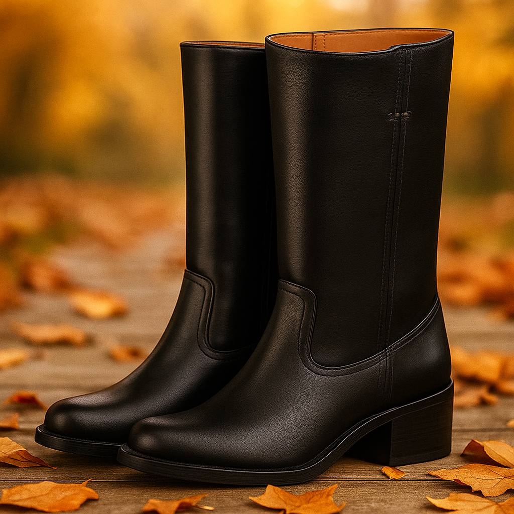 Bottes en Cuir Montantes à Talon Bloc