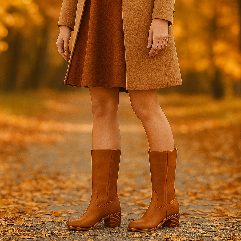 Bottes en Cuir Montantes à Talon Bloc