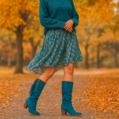 Bottes Suède Femme Mi-Mollet Franges Talon Bloc