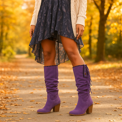 Bottes Suède Femme Mi-Mollet Franges Talon Bloc