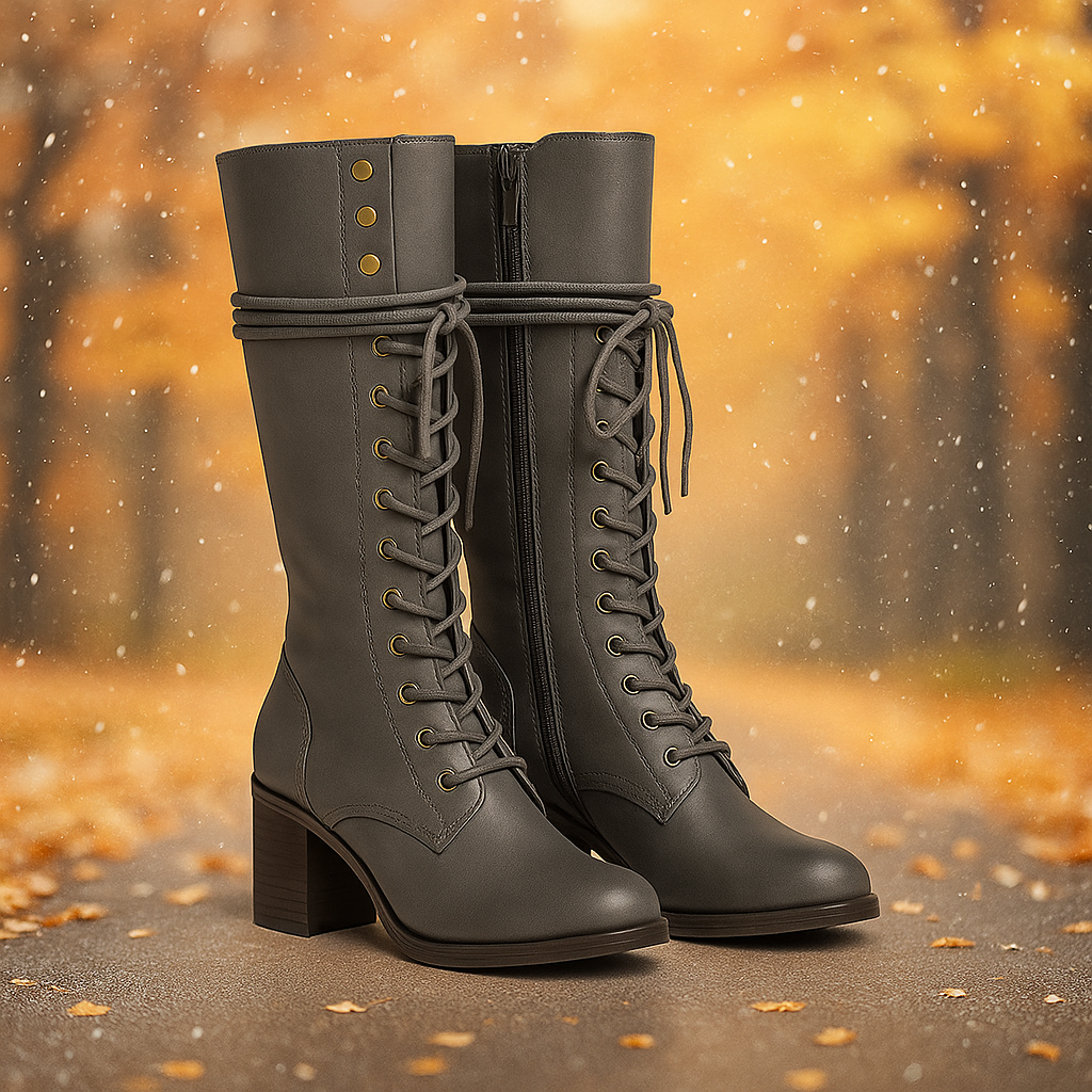 Bottes Montantes Femme en Cuir – Lacets et Talon Épais