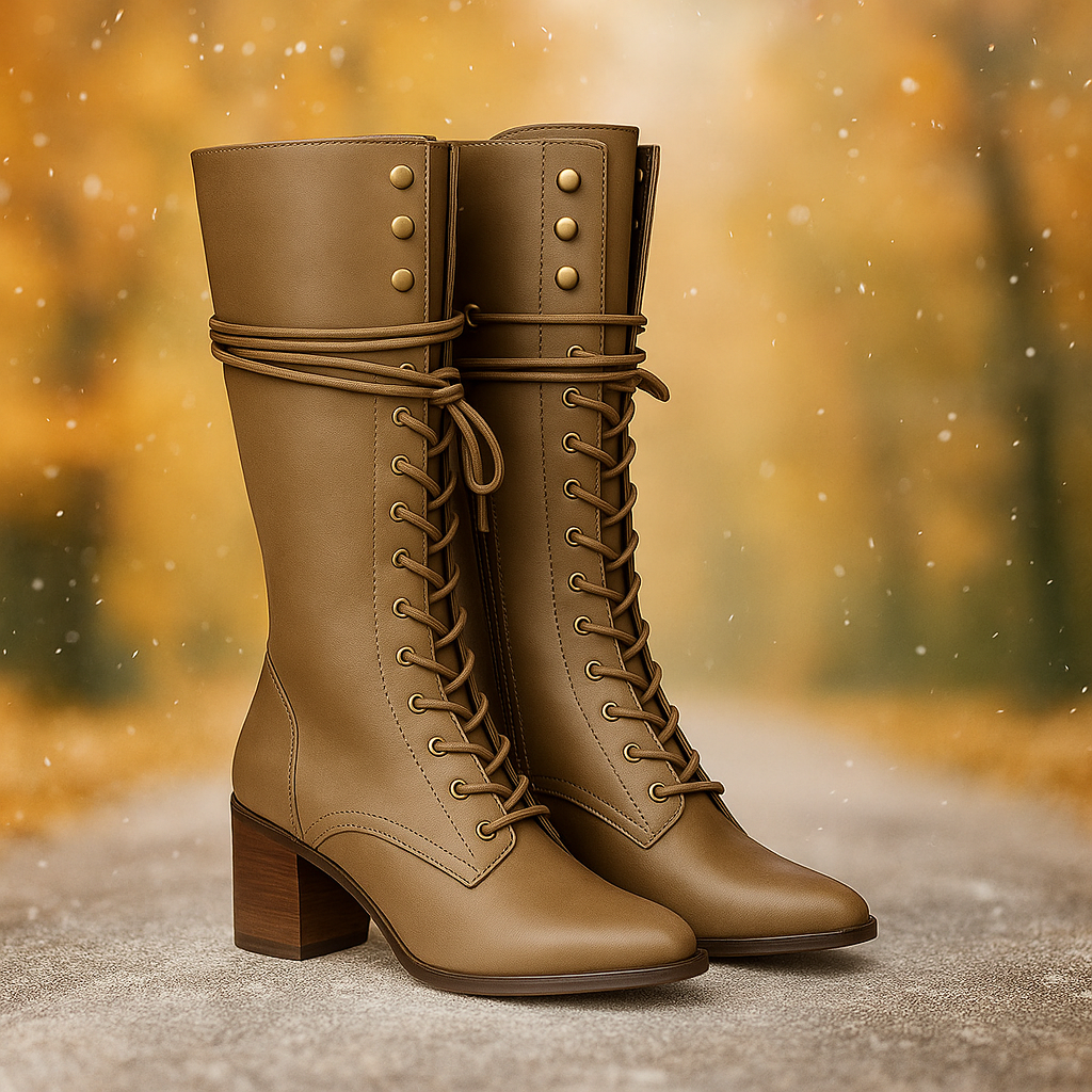 Bottes Montantes Femme en Cuir – Lacets et Talon Épais