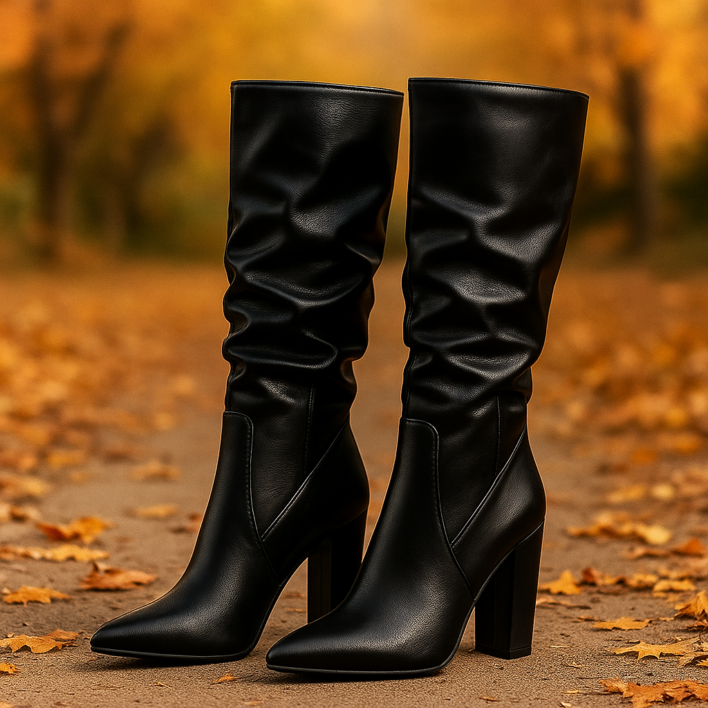 Bottes Montantes Femme en Cuir avec Tige Plissée