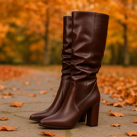 Bottes Montantes Femme en Cuir avec Tige Plissée