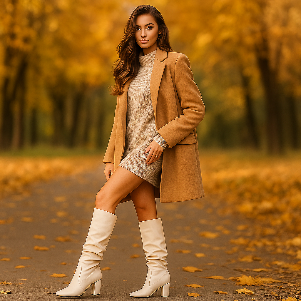Bottes Montantes Femme en Cuir avec Tige Plissée