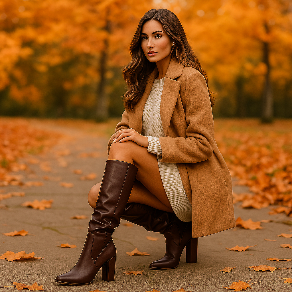 Bottes Montantes Femme en Cuir avec Tige Plissée