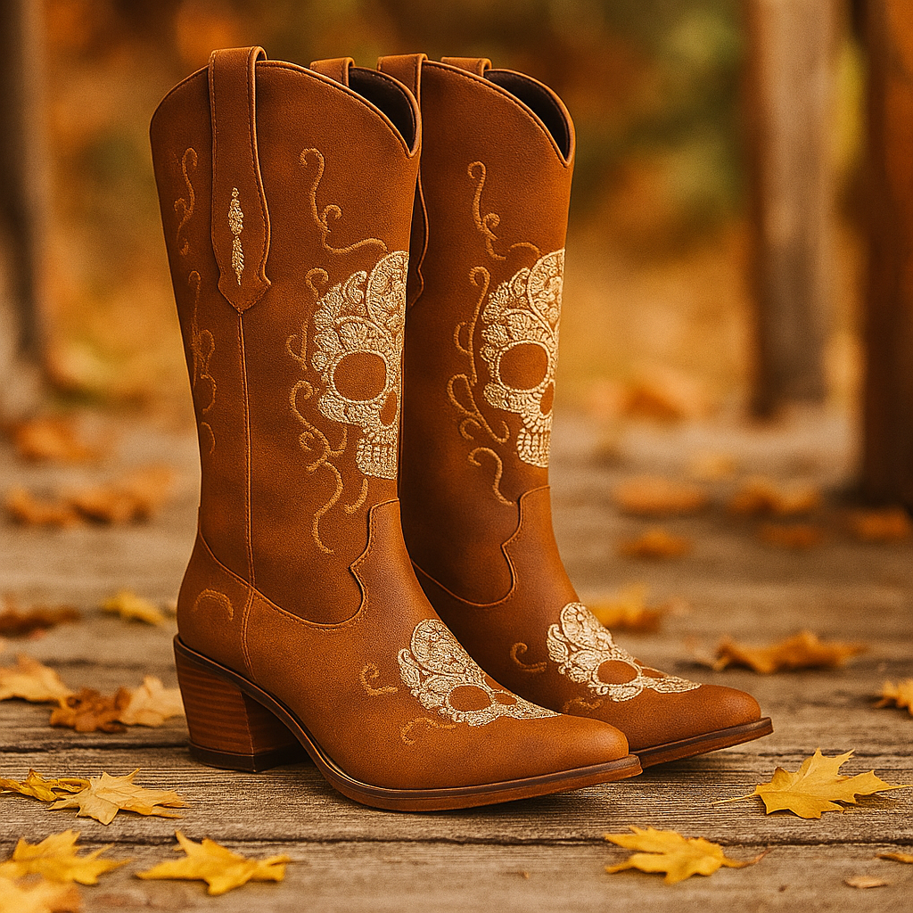 Bottes Cowboy Femme Brodées – Talon Épais – Bout Pointu