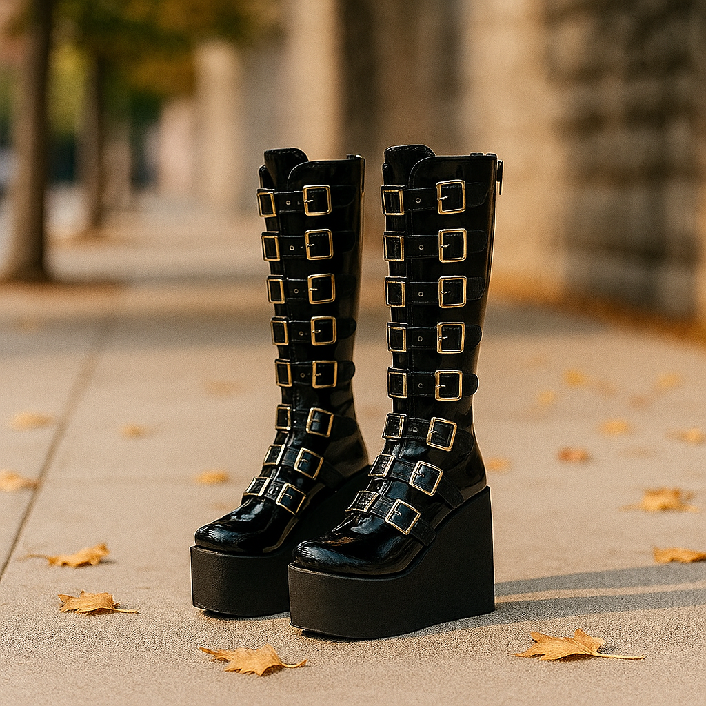 Bottes à Plateau Noires à Boucles Multiples