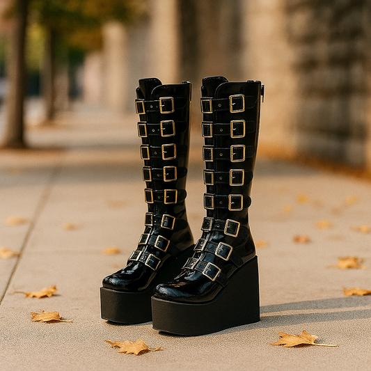 Bottes à Plateau Noires à Boucles Multiples