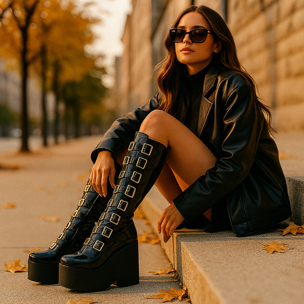 Bottes à Plateau Noires à Boucles Multiples