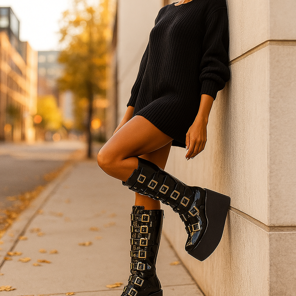 Bottes à Plateau Noires à Boucles Multiples