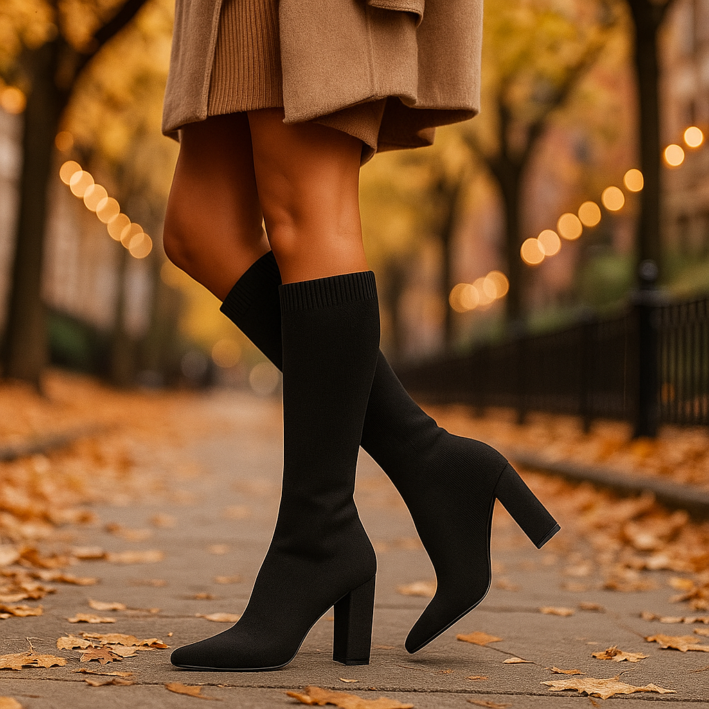 Bottes-Socquettes Femme – Montantes Tricot Élastique, Talon Bloc Chic