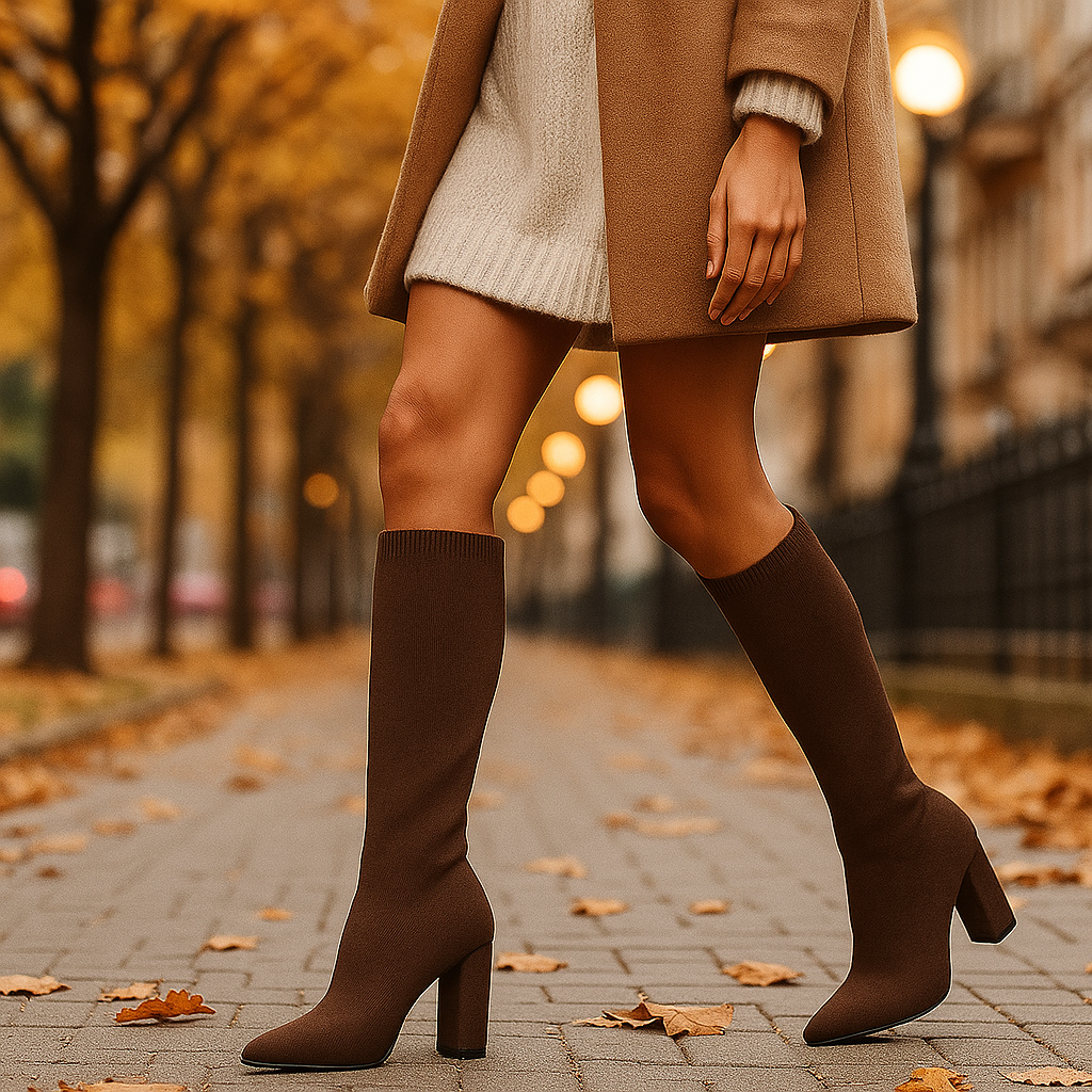 Bottes-Socquettes Femme – Montantes Tricot Élastique, Talon Bloc Chic