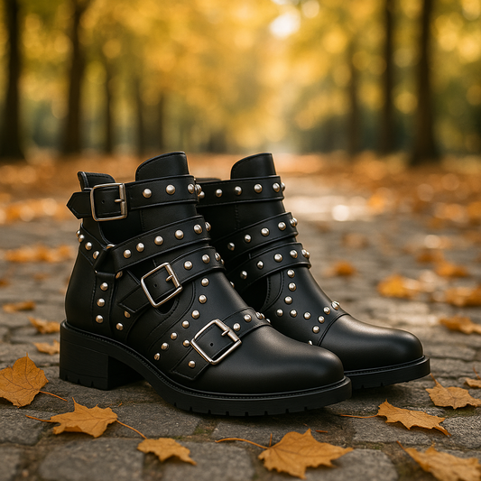 Bottes de Biker Femme à Clous et Sangles Ajustables