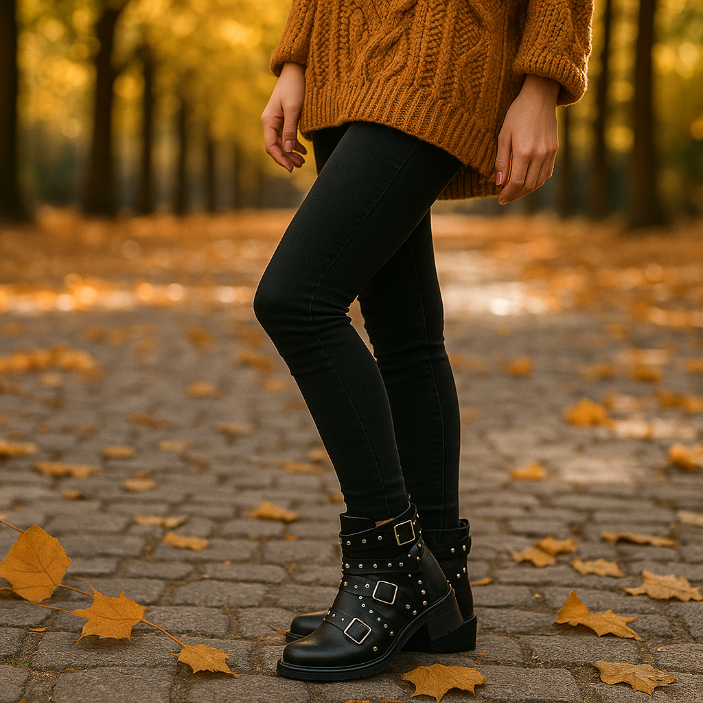 Bottes de Biker Femme à Clous et Sangles Ajustables