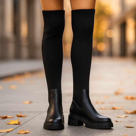 Bottes Overknee Femme en Tricot Structuré – Semelle Robuste