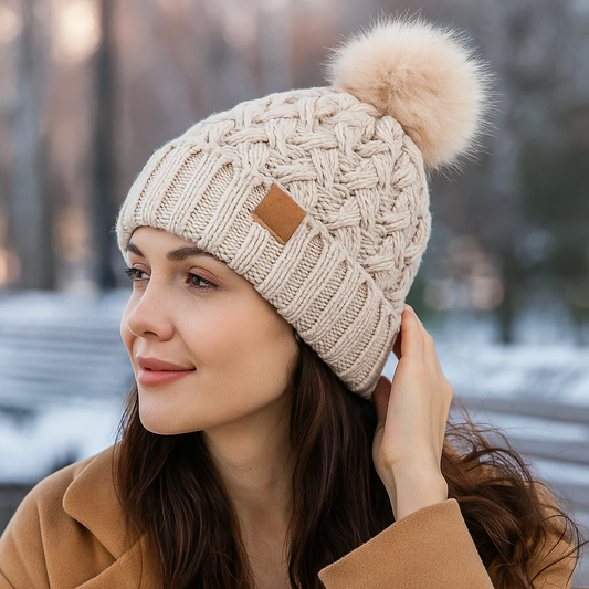 Bonnet d’hiver à pompon tricot torsadé