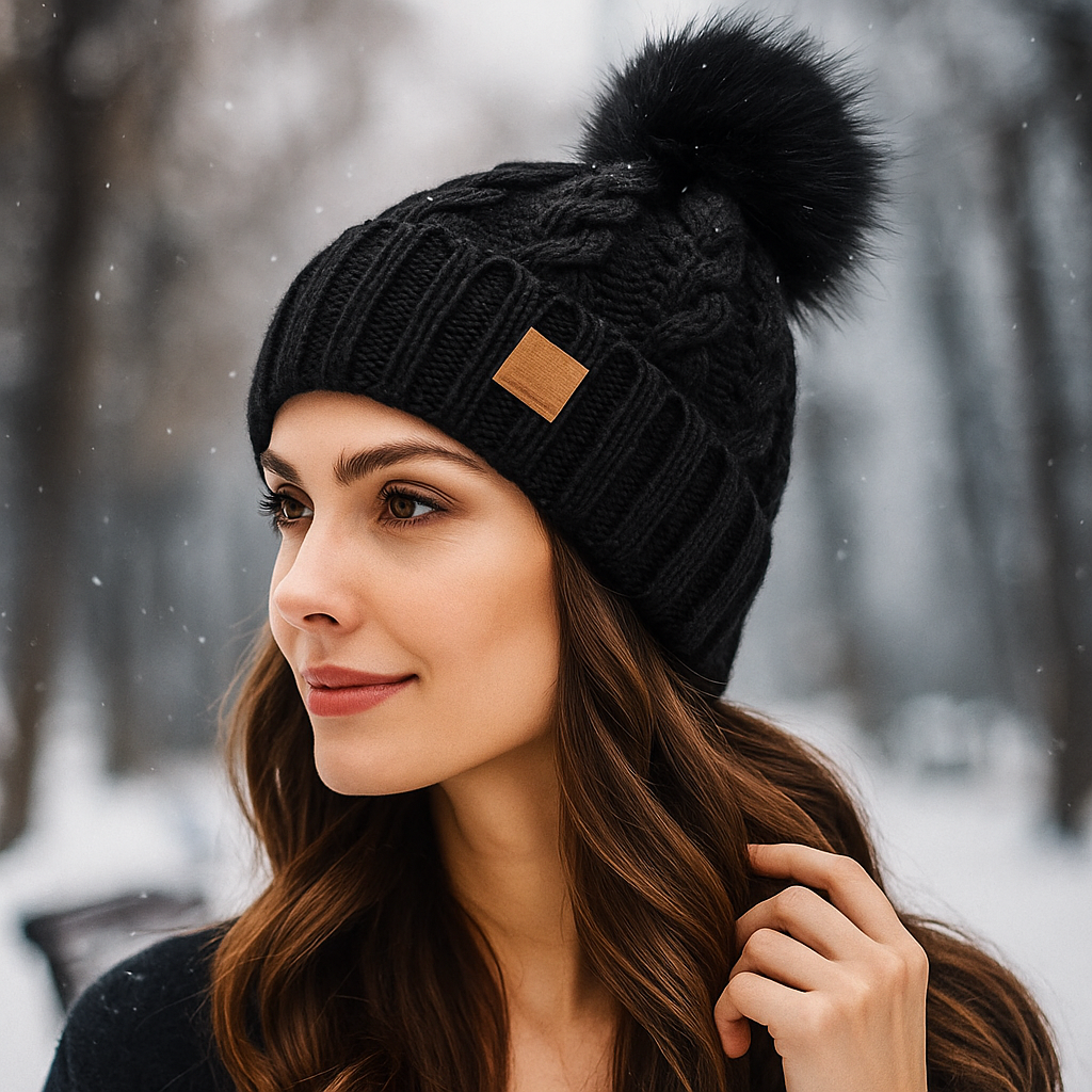 Bonnet d’hiver à pompon tricot torsadé