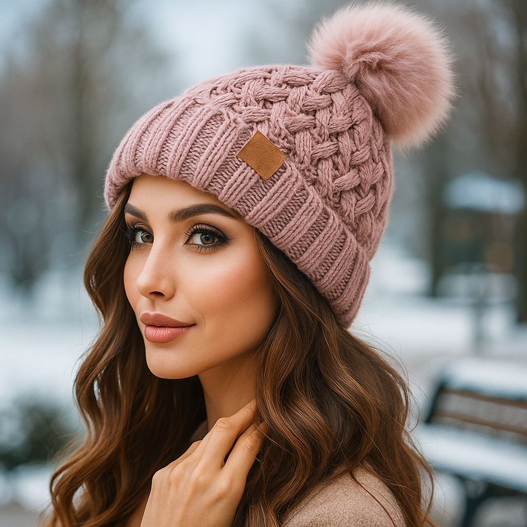 Bonnet d’hiver à pompon tricot torsadé