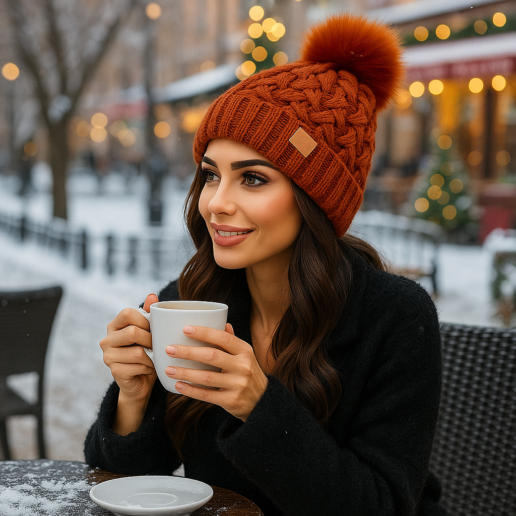 Bonnet d’hiver à pompon tricot torsadé